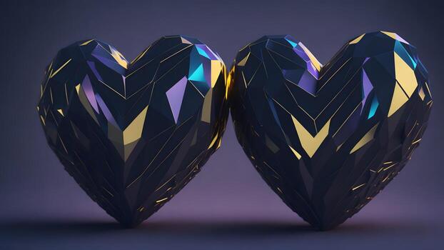 3d rendering of two heart shapes in low poly style on purple background ai generated photo