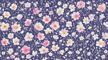 Seamless floral pattern with pink and white flowers on dark blue background ai generated photo