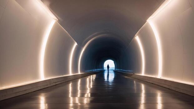 un hombre caminando en un túnel con ligero viniendo desde el final ai generado foto