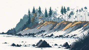 Illustration of a beach with palm trees and mountains in the background AI generated photo