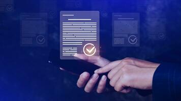 Paperless workplace idea, e-signing, electronic signature, document management system DMS. Businessman signs an electronic document on a digital document on smartphone. photo