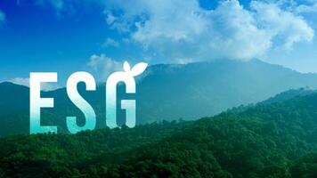 ESG icon concept for environmental, social and governance in sustainable and ethical business on the network connection on beautiful natural scenery background. photo