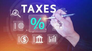 Business using computer to complete Individual income tax return form online for tax payment. Government, state taxes. Data analysis, paperwork, financial research, Calculation tax return. photo