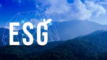ESG icon concept for environmental, social and governance in sustainable and ethical business on the network connection on beautiful natural scenery background. photo