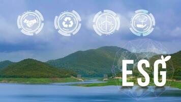 esg icono concepto para ambiental, social y gobernancia en sostenible y ético negocio en el red conexión en hermosa natural paisaje antecedentes. foto