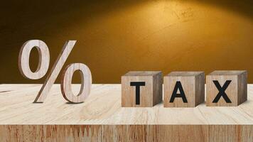 Close-up of percent sign leaning on wooden table, Percentage Sign And Discount Rate. Accountant VAT Tax Concept. photo