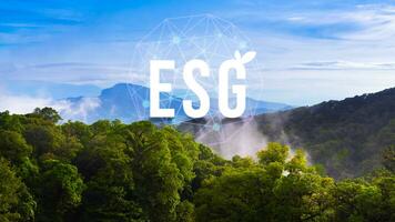 ESG icon concept for environmental, social and governance in sustainable and ethical business on the network connection on beautiful natural scenery background. photo