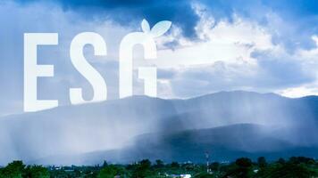 ESG icon concept for environmental, social and governance in sustainable and ethical business on the network connection on beautiful natural scenery background. photo