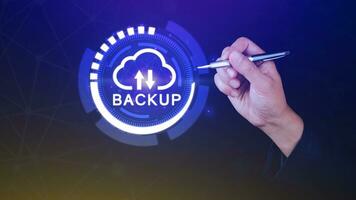 Backup files and data on internet with cloud storage technology that sync all online devices and computers with network connection, protection against loss, Business touch screen back up icon concept photo