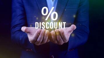 Businessman hand touching virtual percentage icon, Discount Percentage concept. photo