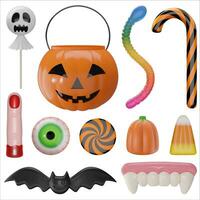 halloween pumpkin bucket and isolated 3d candies vector