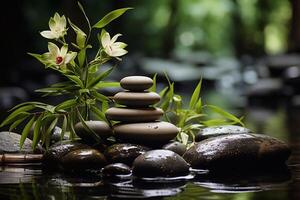 A photo of stacked stones on the edge of the forest with leaves in water background and wallpaper.