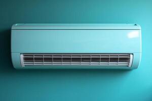 Image of AC hanging on the pastel color wall with a lot of copy space for text mockup photo
