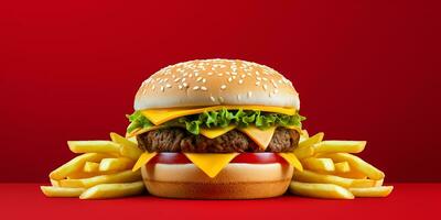 colorful minimalist delicious Hamburger with french fries top view isolated on blank background generated ai photo