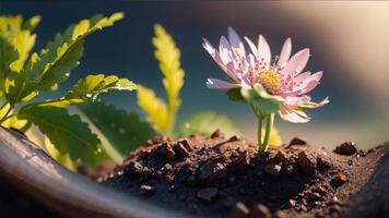 The seedling are growing in the soil with the backdrop of the sun or sunlight photo