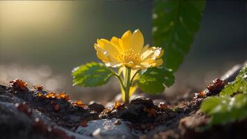 The seedling are growing in the soil with the backdrop of the sun or sunlight photo