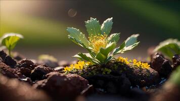 The seedling are growing in the soil with the backdrop of the sun or sunlight photo