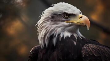 Close up portrait shot of Bald Eagle Haliaeetus Leucocephalus white head with sharp gaze. photo