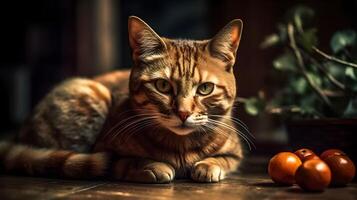 A grey stripe domestic pet house cat sit, relaxed, looking, and stare at the camera. photo