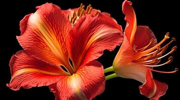 flor de rojo hibisco rosa-sinensis o limpiabotas planta aislado en negro antecedentes. ai generado foto