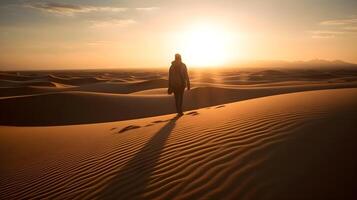 Landscape of a hot desert with sandy wave in the evening with a man standing in the center. photo