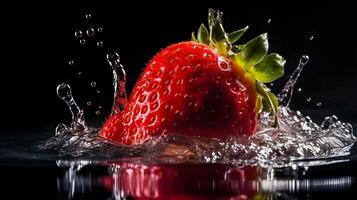 Red strawberry fruit falling at the water surface. Water splash explosion. photo