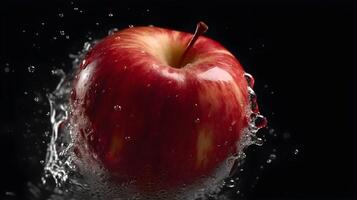 Close up of red apple splash studio shot with looks fresh with dark background. photo