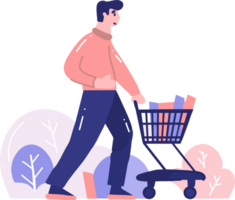 Hand Drawn man with shopping cart in flat style png