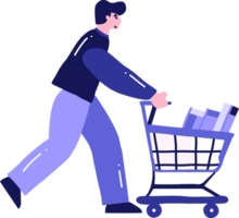 Hand Drawn man with shopping cart in flat style png