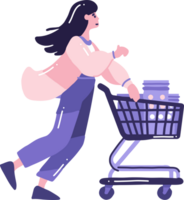 Hand Drawn woman with shopping cart in flat style png