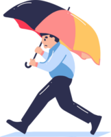 mano disegnato giovane uomo a piedi con ombrello nel piatto stile png