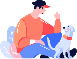 mão desenhado jovem homem com cachorro dentro plano estilo png