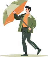 Hand gezeichnet jung Mann Gehen mit Regenschirm im eben Stil png