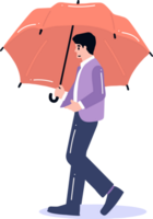 main tiré Jeune homme en marchant avec parapluie dans plat style png