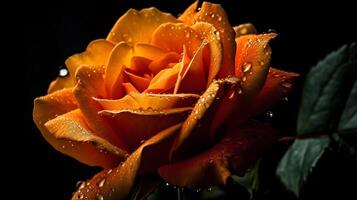 Beautiful wet yellow rose flower with some leaves and water droplet looks fresh on black background. AI Generated photo