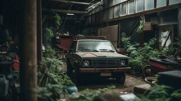 An old rusty abandoned classic car in a old shed overgrown with weeds and vines. AI Generated photo