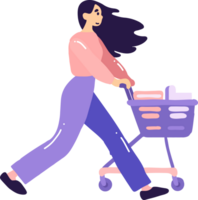 Hand Drawn woman with shopping cart in flat style png