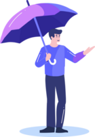 mano disegnato giovane uomo a piedi con ombrello nel piatto stile png