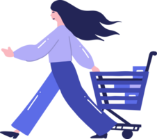 Hand Drawn woman with shopping cart in flat style png