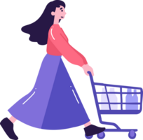 Hand Drawn woman with shopping cart in flat style png