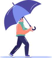 hand dragen ung man gående med paraply i platt stil png