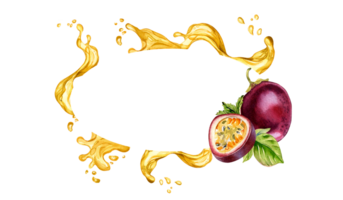 kader van tropisch fruit en sap plons waterverf illustratie. stuk van maracuya hand- getrokken. ontwerp voor verpakking, menu, recept, smooties, Softijs, label, servies. png