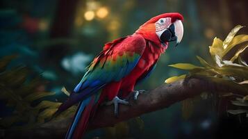 cerca arriba retrato Disparo dos rojo escarlata guacamayo loro pájaro naturaleza difuminar bokeh antecedentes. ai generado foto