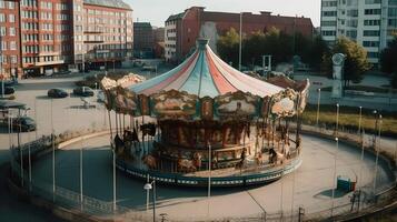 Carousel ride in the middle of the city. AI Generated photo