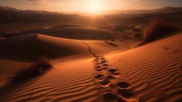 Landscape of a hot desert with sandy wave and a trail in the evening good for concept. photo