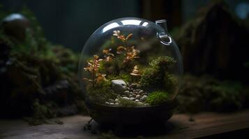 A small green terrarium made of glass sphere indoor. AI Generated photo