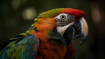 cerca arriba retrato Disparo dos rojo escarlata guacamayo loro pájaro naturaleza difuminar bokeh antecedentes. ai generado foto