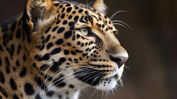 cerca arriba retrato desde lado cara feroz carnívoro leopardo, mirar fijamente o mirando Derecho adelante a naturaleza antecedentes. ai generado foto