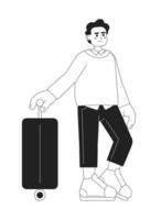 Latin man in fashionable outfit monochromatic flat vector character. Editable full body person with suit on wheels on white. Simple bw cartoon spot image for web graphic design