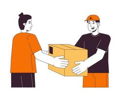 Delivery man giving package to man flat line color vector character. Editable outline full body person on white. Express delivery simple cartoon spot illustration for web graphic design